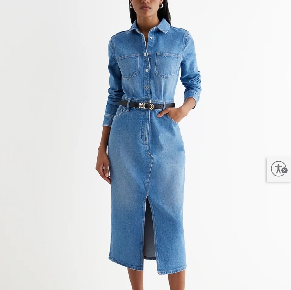 NWT Express Denim Long Sleeve Front Slit Midi Shirt Dress Blue Size XS Western